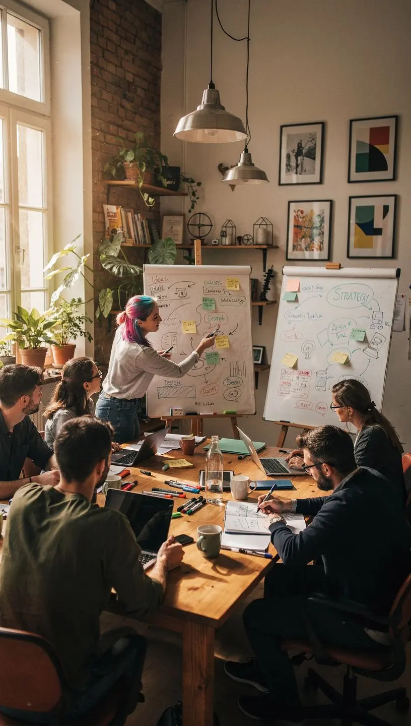 Egy csoport, amely közösen dolgozik egy projekten, ösztönözve a kreatív ötleteket.