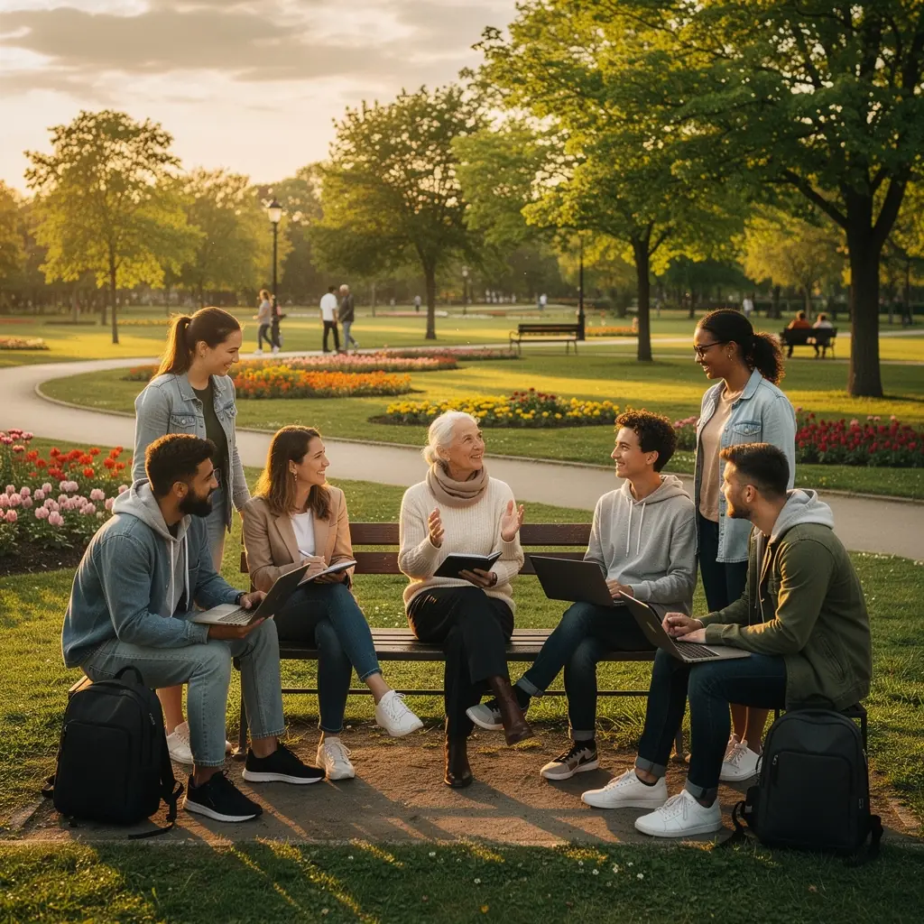Időkezelési technikák tanulmányozása egy workshop során, résztvevők aktívan jegyzetelnek.