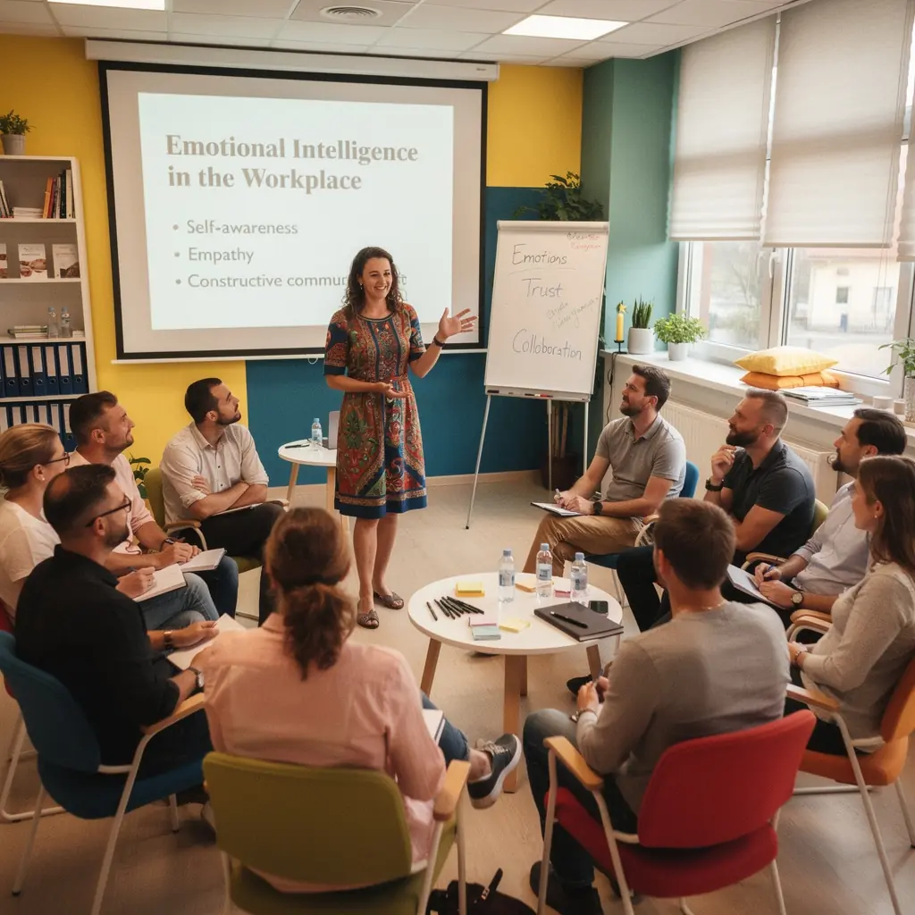 Szakmai fejlődés és csapatmunka bemutatása egy modern irodai környezetben.
